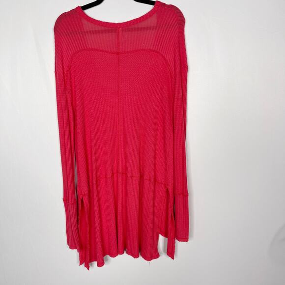 Free People Small S Red Pink Sunset Park Drippy Thermal Waffle Knit Tunic Top - Picture 2 of 14